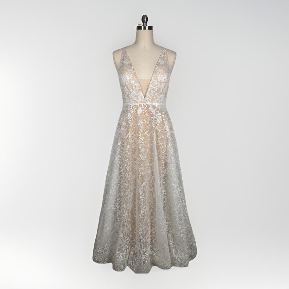 Galina WG3959 Size 12 Soft White Nude Lace A-Line Wedding Dress Bridal Gown